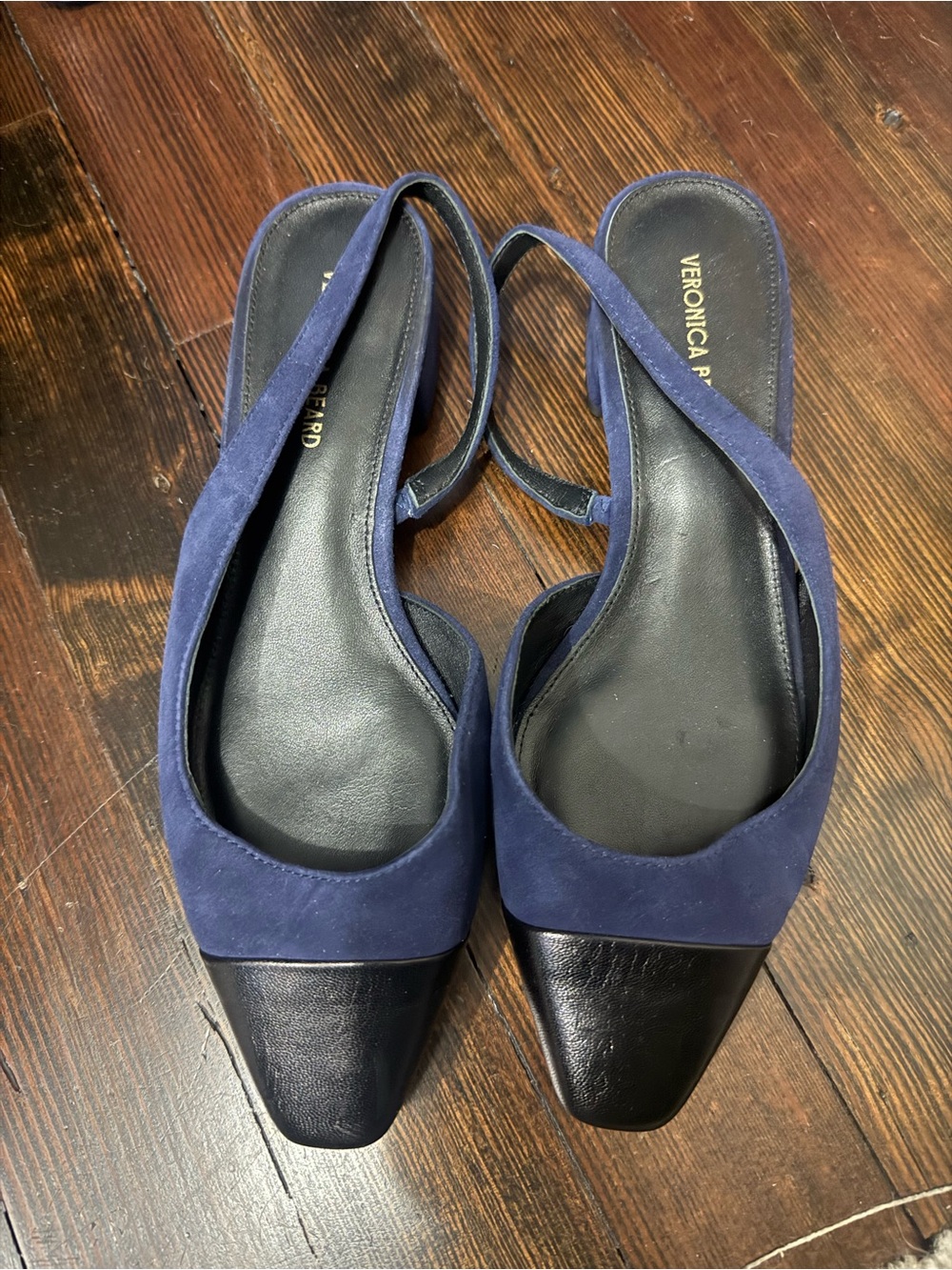 Veronica Beard Navy Suede and Black Leather Slingback Flats